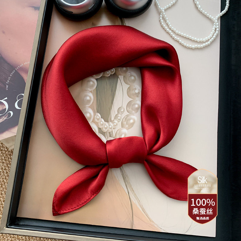 大红色中国红纯色桑蚕丝真丝丝绸小方巾丝巾女春秋脖子装饰薄围巾