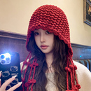 日系网红流苏红色毛线帽子女秋冬韩版 甜美可爱护耳保暖包头针织帽