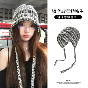 日系镂空波奈特帽子绑带堆堆帽女生薄款大头围显脸小条纹包头冷帽