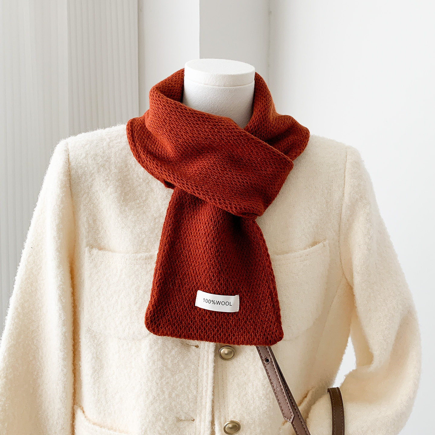 100%精选澳洲纯羊毛围巾秋冬红色保暖针织围巾百搭男女交叉小围脖