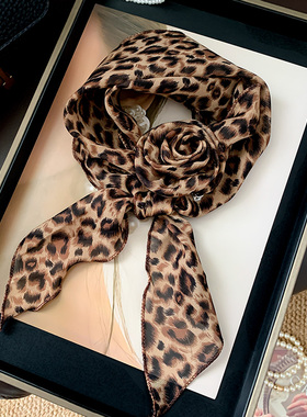 新款长条细长豹纹辣妹玫瑰花时尚百搭丝巾装饰领巾围脖绑带围巾