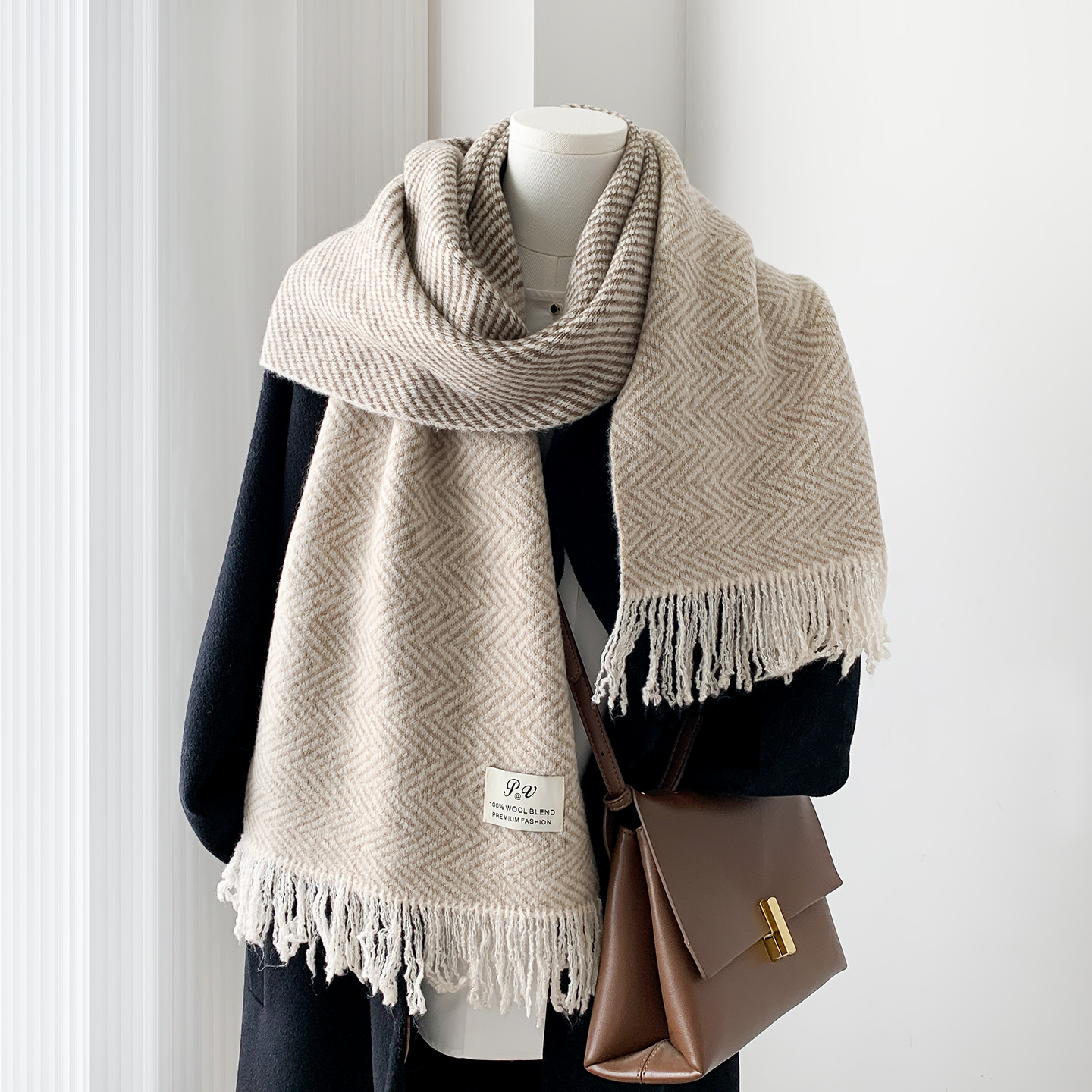 温柔米色拼接秋冬季针织围巾女保暖百搭高级感毛线中性风围巾男