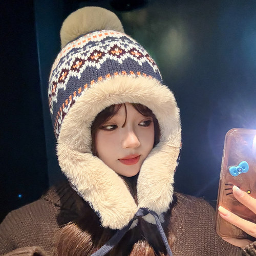 费尔岛风毛绒帽子女冬季可爱东北保暖雷锋帽骑行滑雪防风护耳加厚