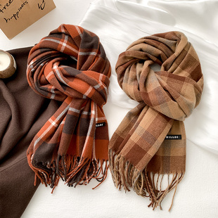 驼色系仿羊绒格子围巾女秋冬季 百搭加厚保暖日系学生流苏围脖 韩版