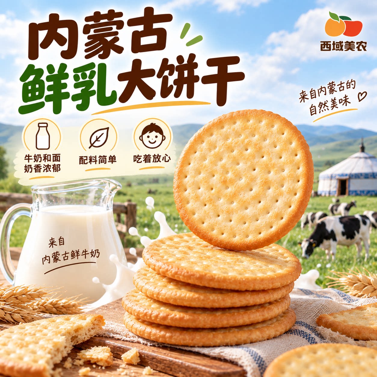 西域美农内蒙古鲜乳大饼干220g牛乳饼干儿童健康营养早餐解馋零食
