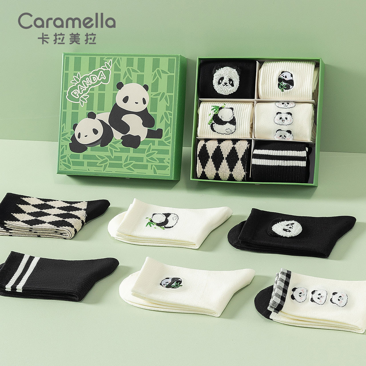 caramella礼盒中筒棉袜熊猫