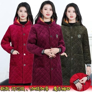 冬天加厚加绒中长罩衣大码妈妈灯芯绒工作服保暖防寒女装棉服外套