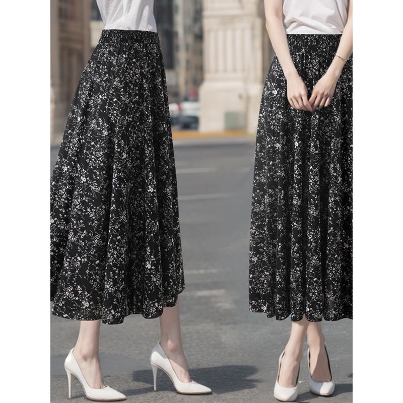 中老年半身裙女高腰中长裙夏季妈妈装广场跳舞松紧腰冰丝花色裙子