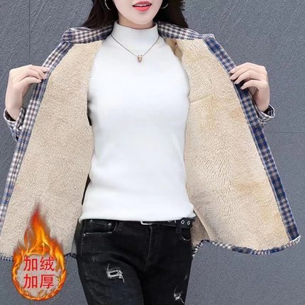 秋冬款加绒加厚衬衫女加厚保暖毛呢格子衬衣外套中年女装长袖上衣
