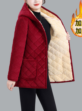 冬季加绒加厚棉衣女中老年保暖防寒棉服外套灯芯绒连帽妈妈装棉袄