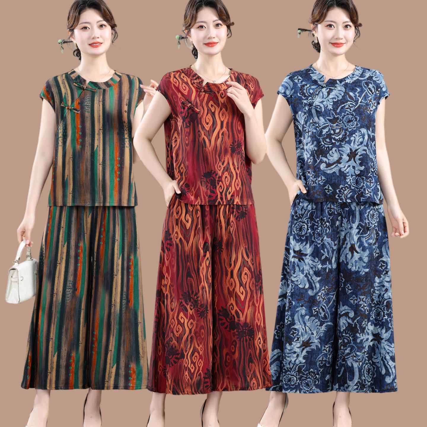 新款国风棉绸套装大码中式睡衣女人造棉两件套裙裤休闲时尚居家服