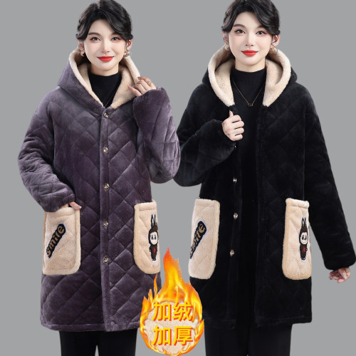 冬季新款加绒加厚中长款棉袄外套女装时尚洋气连帽特厚家居服棉服