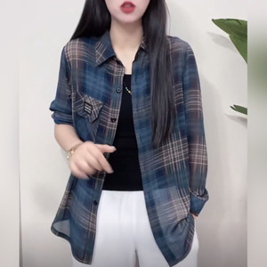 薄款防晒外套休闲百搭夏季网纱长袖衬衫防晒衣宽松显瘦格子外套潮