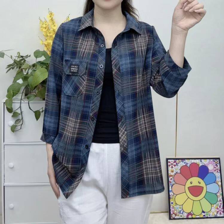 春夏防晒上衣长袖雪纺妈妈休闲时尚百搭宽松夏季薄款格子衬衫外套