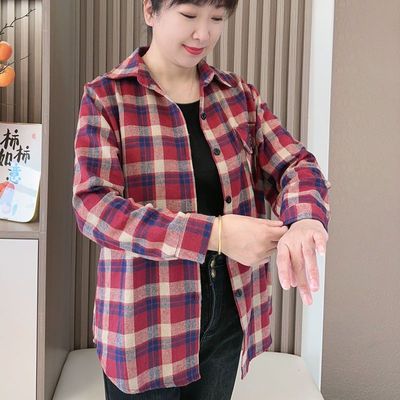 宽松休闲开衫长袖纯棉格子衬衫女
