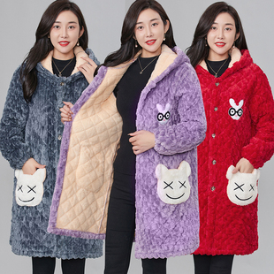 冬季加绒加厚罩衣女式保暖防寒法兰绒超厚家居服中长款棉衣外套女