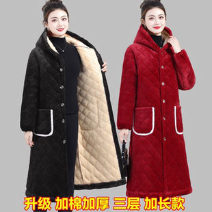 冬季 睡衣女上衣加绒加厚保暖珊瑚绒加长过膝三层夹棉宽松家居罩衣
