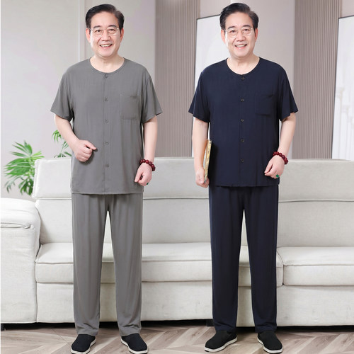 男士棉绸套装睡衣短袖夏开衫薄款