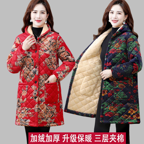 羽绒棉中长款宽松连帽罩衣棉服厚