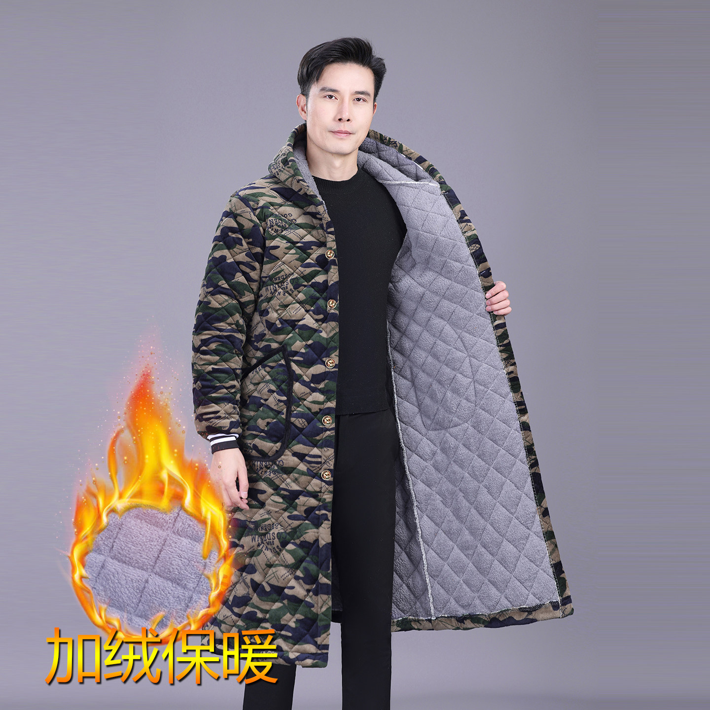 冬季男士加绒加厚棉衣迷彩大褂