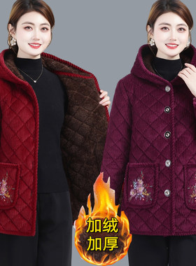 中老年妈妈冬季灯芯绒棉衣外套连帽保暖棉服加绒加厚防寒奶奶棉袄