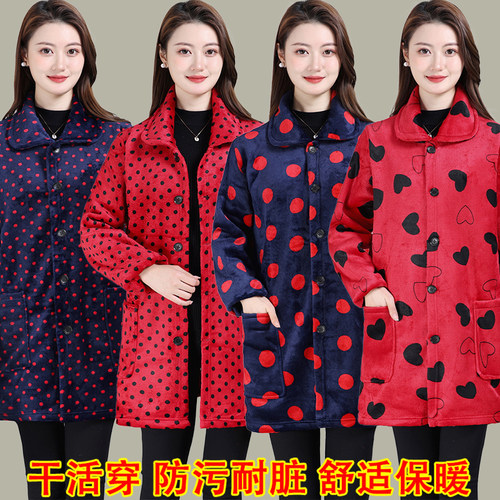 秋冬中老年妈妈水晶绒罩衣罩衫长袖加绒保暖耐脏宽松围裙工作服女