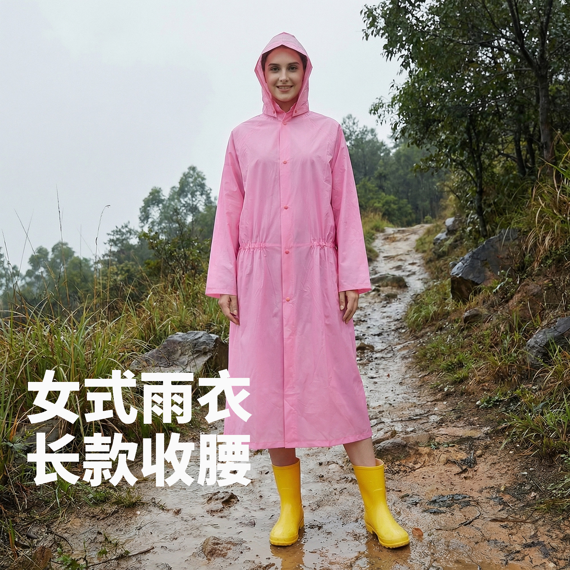 外贸出口女式雨衣长款收腰分体可拆卸帽子纯色加厚PVC防雨步行