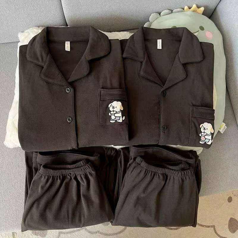 德绒情侣睡衣奶茶小狗秋冬季男女长袖长裤保暖休闲简约家居服套装