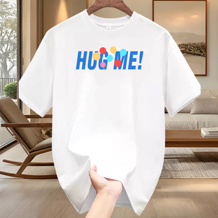 2026港风潮流印花短袖T恤男圆领宽松夏季青年上衣白色加肥加大码