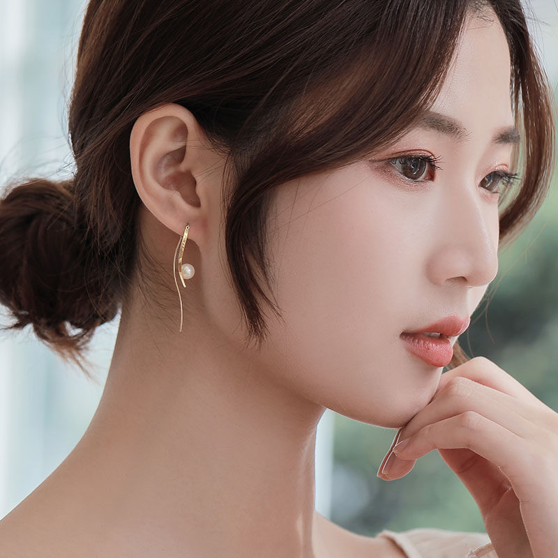 淡水珍珠18k金耳钉女正圆淡水珠耳坠彩金耳饰S型曲线型玫瑰金耳线