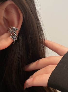 泰银做旧紫锆荆棘玫瑰花耳夹