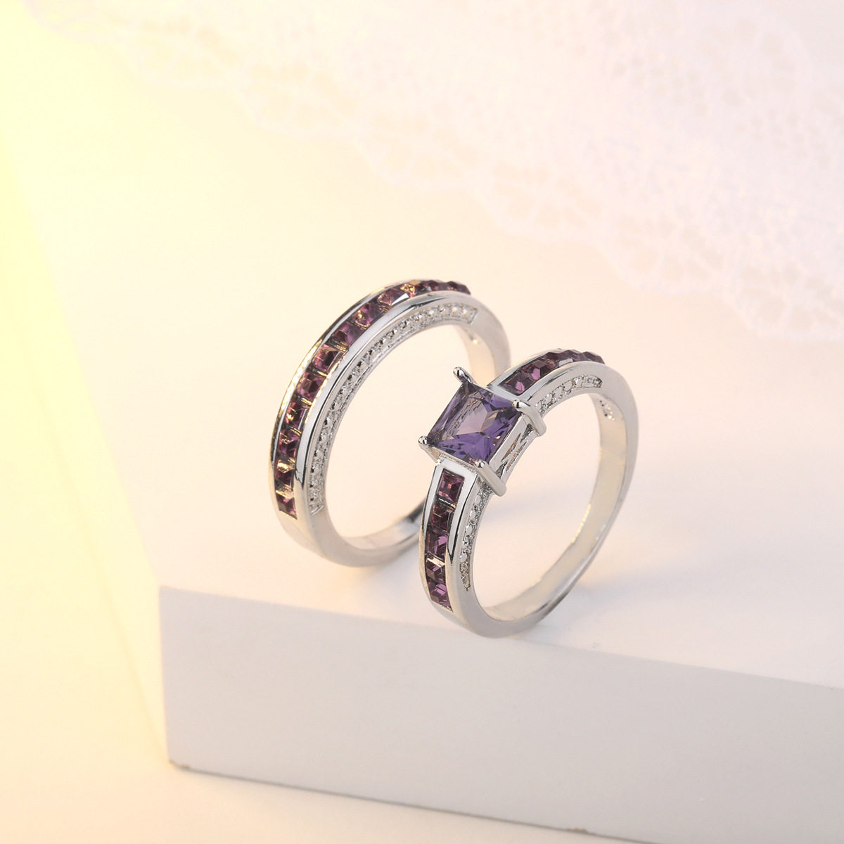 Youngebay热卖镶嵌紫水晶方钻公主套戒 欧美女士时尚满钻订婚戒指