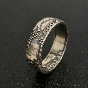 Young臻荣美国经典我们信仰上帝浮雕刻复古镀s925摩根硬币戒指男