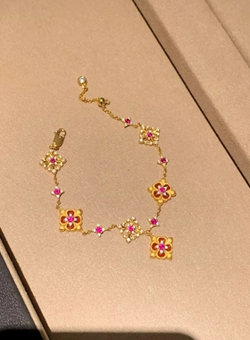 Young法式复古玫红钻红刚玉六花玛瑙鸢尾花手链女气质小香风手饰