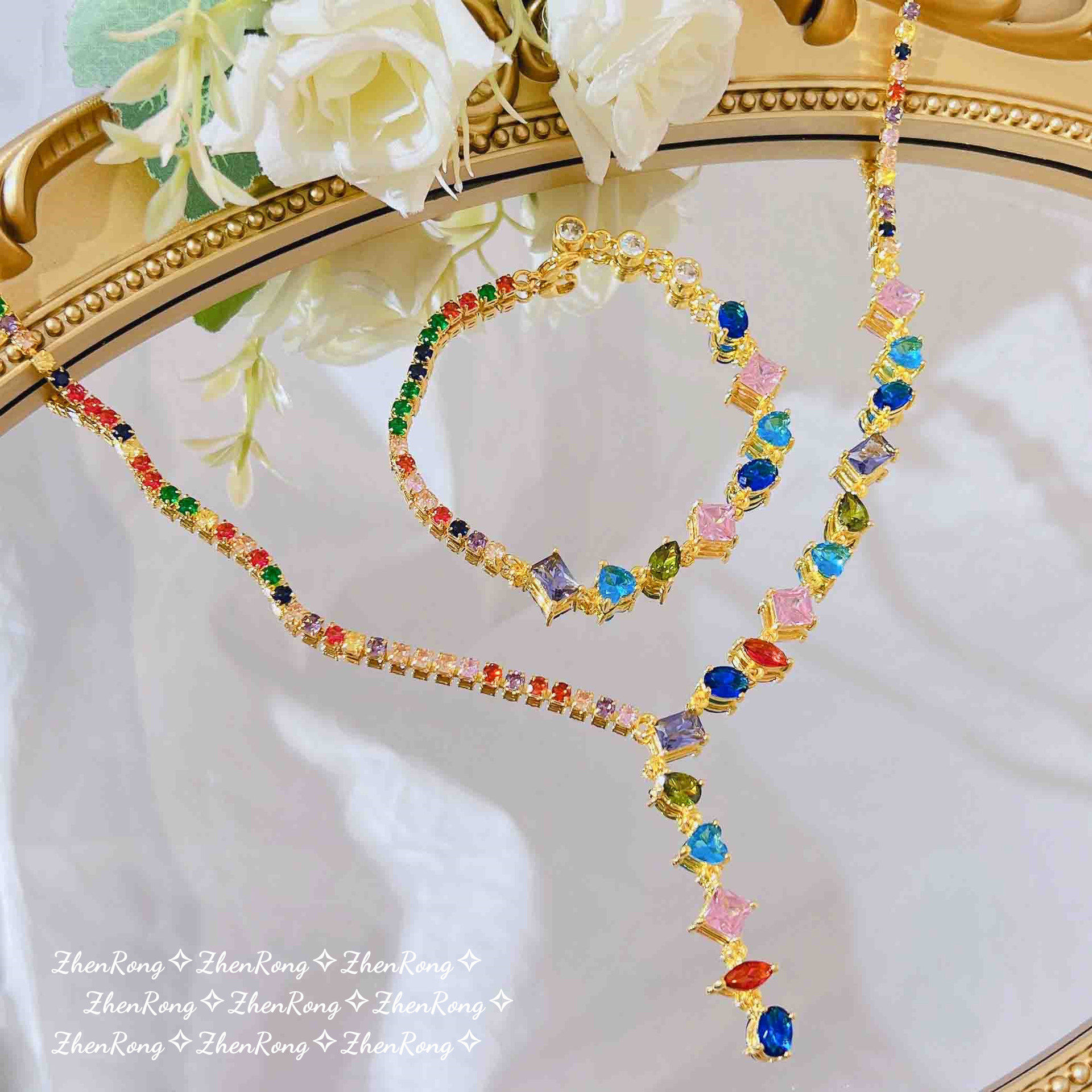 Young星满彩色宝石项链女小众轻奢颈链Y型锁骨链糖果钻拼接手链女