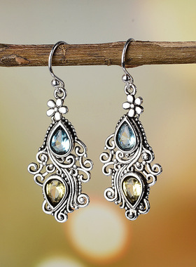 Youngebay亚马逊创意通花水滴梨形耳环 欧美复古海蓝色托帕石耳坠