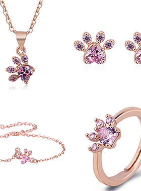 Young925银镀玫瑰金猫爪心形脚印项链耳钉套装网红ins简约饰品