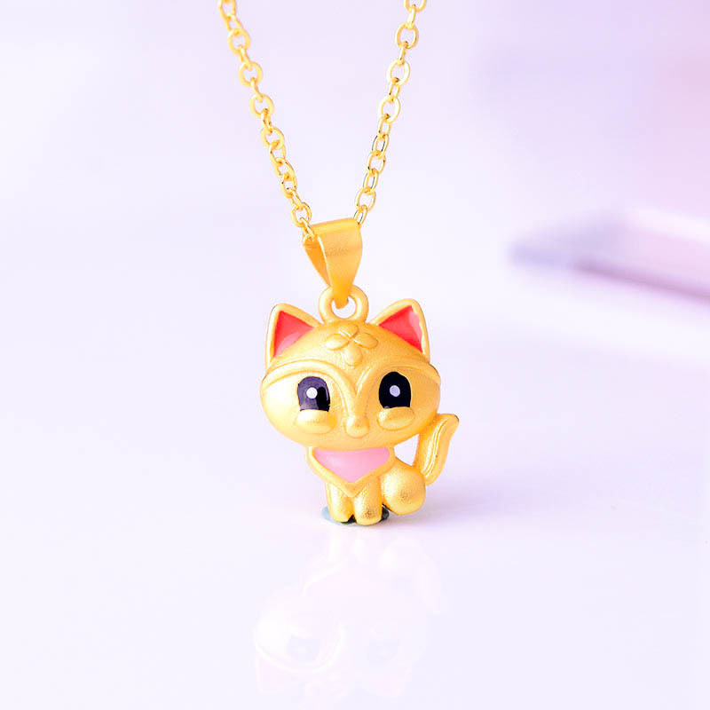 Young3D黄金色老挝砂金项链九尾狐转运珠女款烤漆可爱小狐狸吊坠