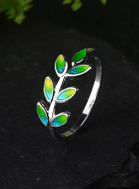 橄榄枝小清新树叶滴胶戒指银饰