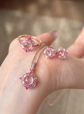 法式粉晶套装中古风吊坠