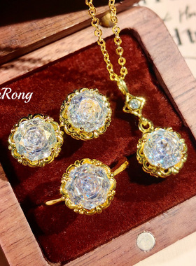 Young时尚轻奢八角玫瑰切吊坠项链炫彩锆石高碳钻戒指彩宝套装女