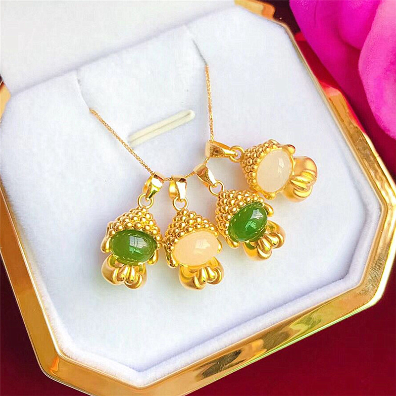 Young古法传承金无相佛吊坠镶玉佛陀挂坠镀金玉髓小萌佛像菩萨坠