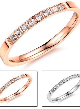 18k玫瑰金镶钻锆石单圈情侣戒指