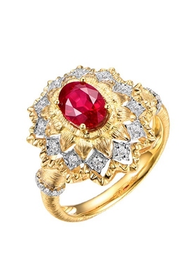 Young织纹雕金工艺仿真鸽血红宝石戒指女双色金红钻手工拉丝戒指