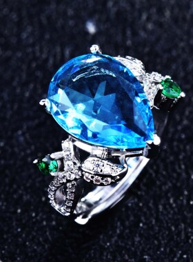 Young仿天然蓝托帕石戒指女镀925银镶嵌宝石开口戒指彩宝饰品指环