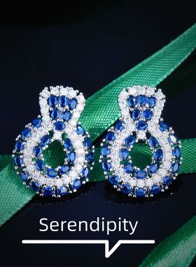 YoungTiktok直播创意door knocker门环耳钉 群镶皇家蓝宝石蓝锆石