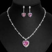 Young时尚 彩宝戒指女 粉色爱心锆石项链心形粉钻轻奢吊坠耳环套装