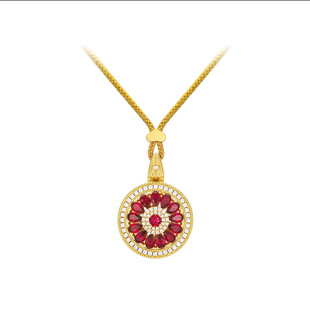 Young古法沙金红宝石玫瑰吊坠女仿黄金镶钻红刚玉八宝罗盘项链女
