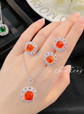 糖塔切工彩宝套装红宝石吊坠女