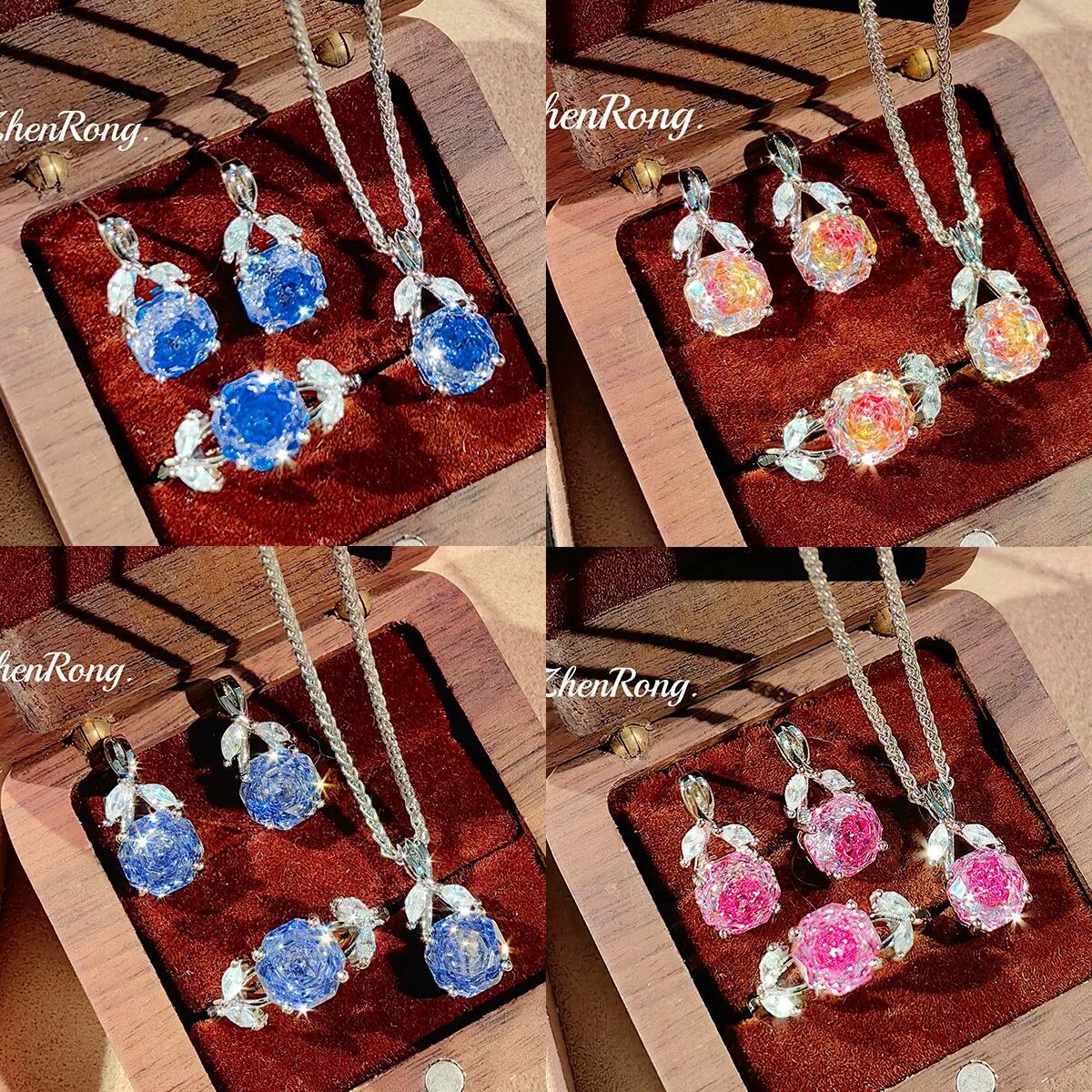 Young八角千禧玫瑰切克莱因蓝项链吊坠镶玫红高碳钻炫彩黄戒指女